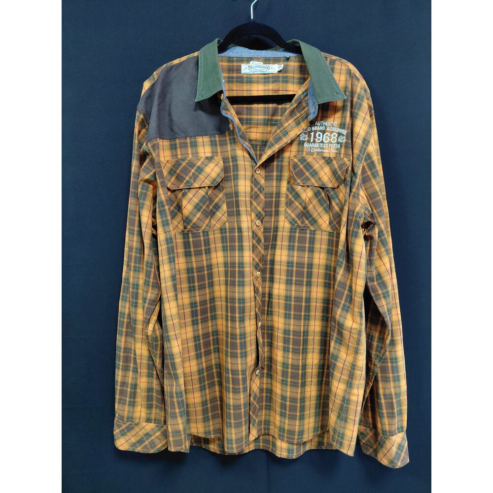 Vintage Trust Akoo Plaid Button-Up Shirt Orange Green Knit Long Sleeve Size 3XL